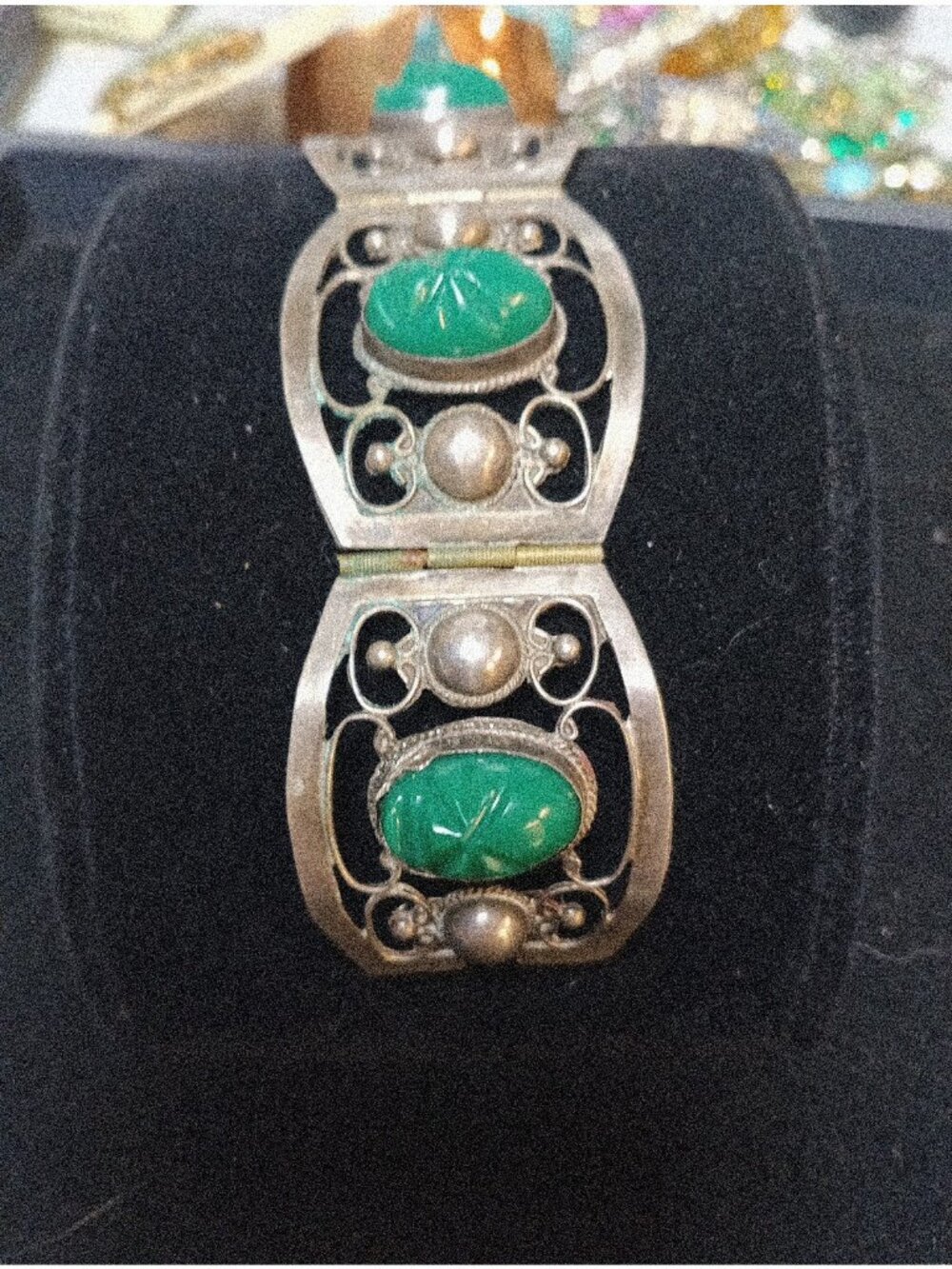 VINTAGE TAXCO MEXICO STERLING SILVER & JADE FILIGREE  BRACELET  (R4) - Picture 3 of 4